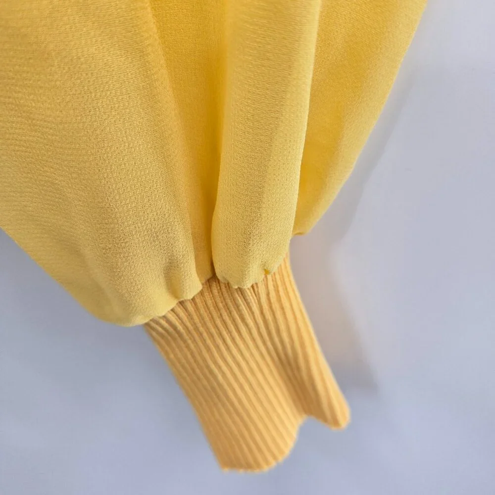 Yellow Sheer Sleeve Knit V-Neck Lightweight Cardigan Blouse Size Small